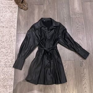 Black Faux Leather Shirt Dress